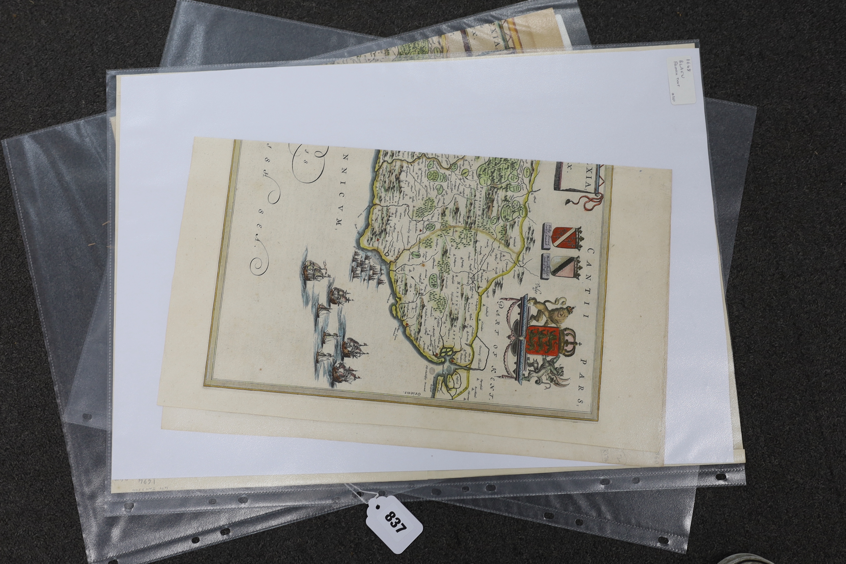 Three unframed 17th century maps of Sussex; a Valk & Schenk, 41 x 58cm and two by Johannes Blaeu, 46 x 59cm and 50 x 61cm